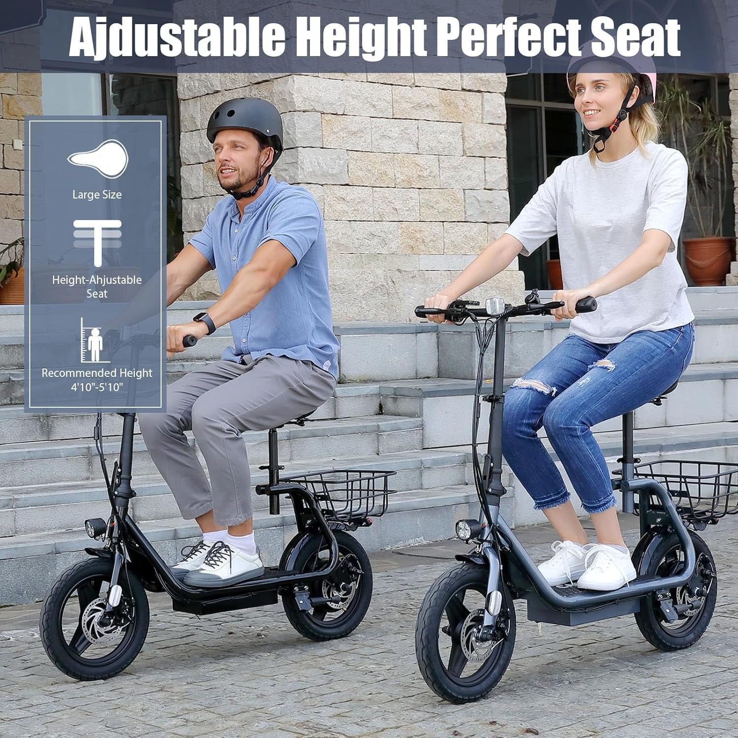 Electric Scooter with Seat, Max 30Miles Ranges & 20Mph, 500/800/1200W Motor, 14" Tire Foldable E-Scooter for Commuting with Basket, Dual Braking Dual Suspension, 300Lbs Max Load